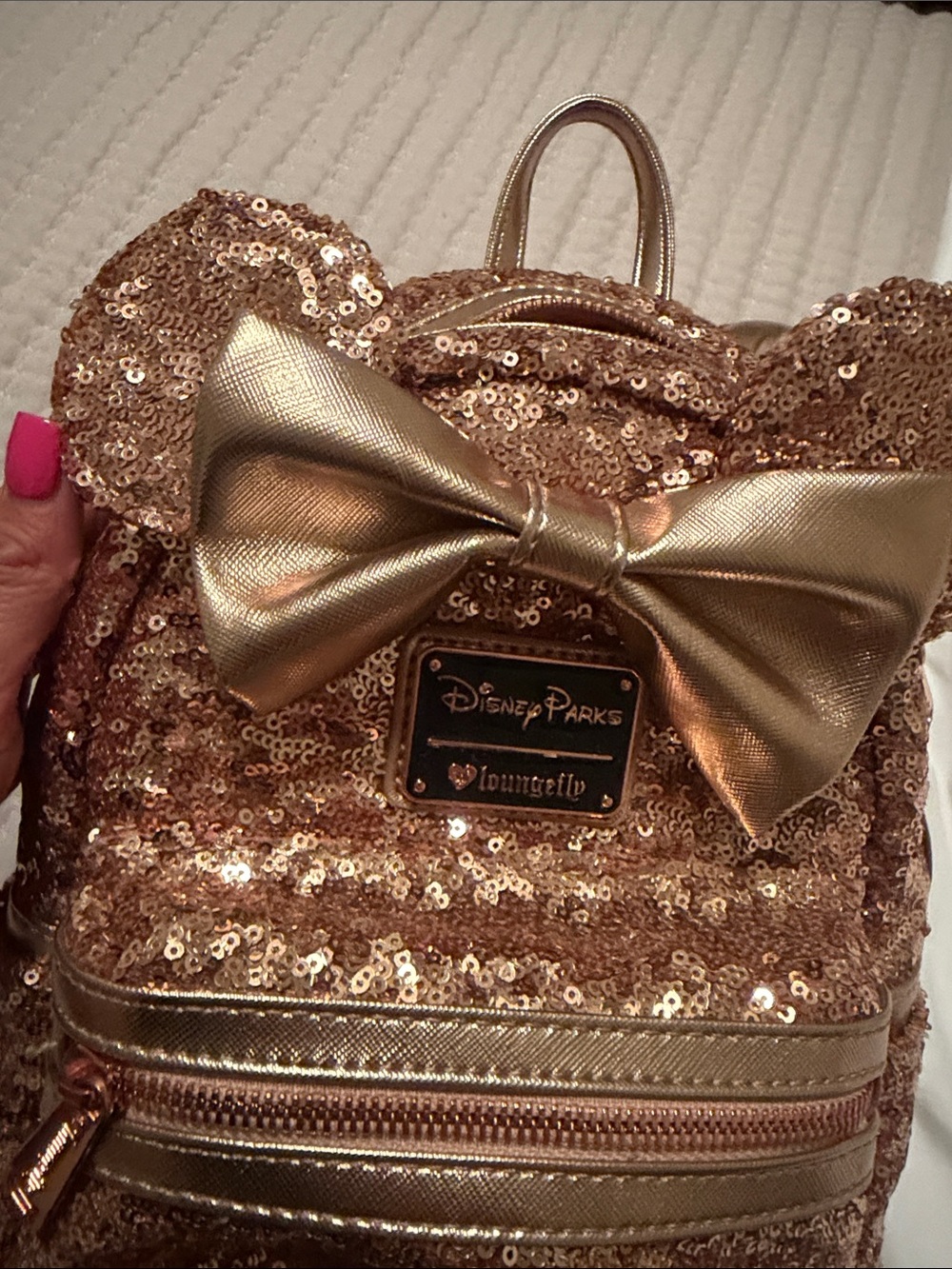 Loungefly Rose Gold Sequin Mini Backpack with Metallic Bow (Retired heart logo) - Picture 6 of 7